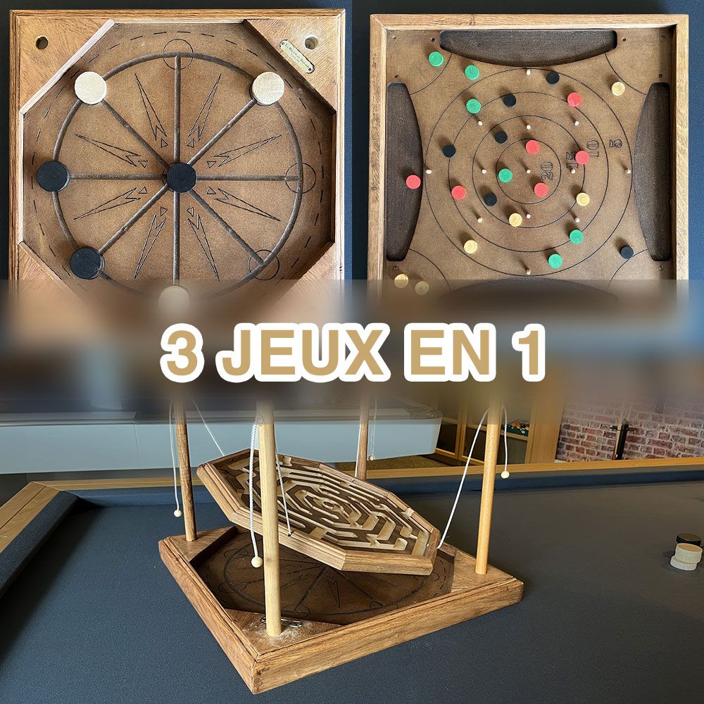 Labyrinthe coopératif, roue de César, tir sur cible (trois jeux en un)