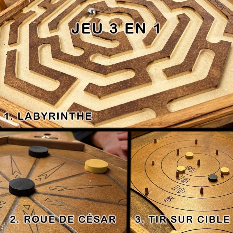 Labyrinthe coopératif, roue de César, tir sur cible (trois jeux en un)